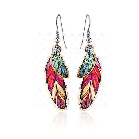 Copper Red & Green Feather Earrings Ym-108