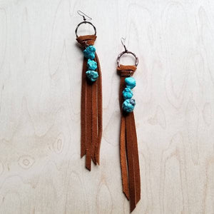 Suede Fringe Earrings with Turquoise Chunks 223f