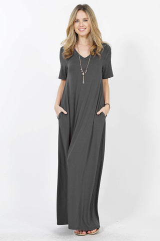 ASH GREY V-NECK SHORT SLEEVE MAXI DRESS WITH SIDE POCKETS