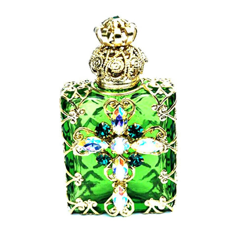 Czech Jeweled Christian Cross Green Perfume Oil Bottle