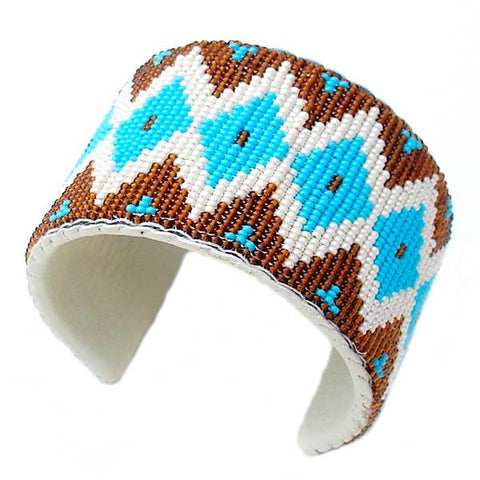 Brown White Blue Handmade Art Beadwork Medicine Mens Eye Bracelet Leather