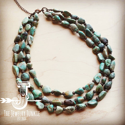 Triple Strand Natural Turquoise Copper Collar Necklace 250n