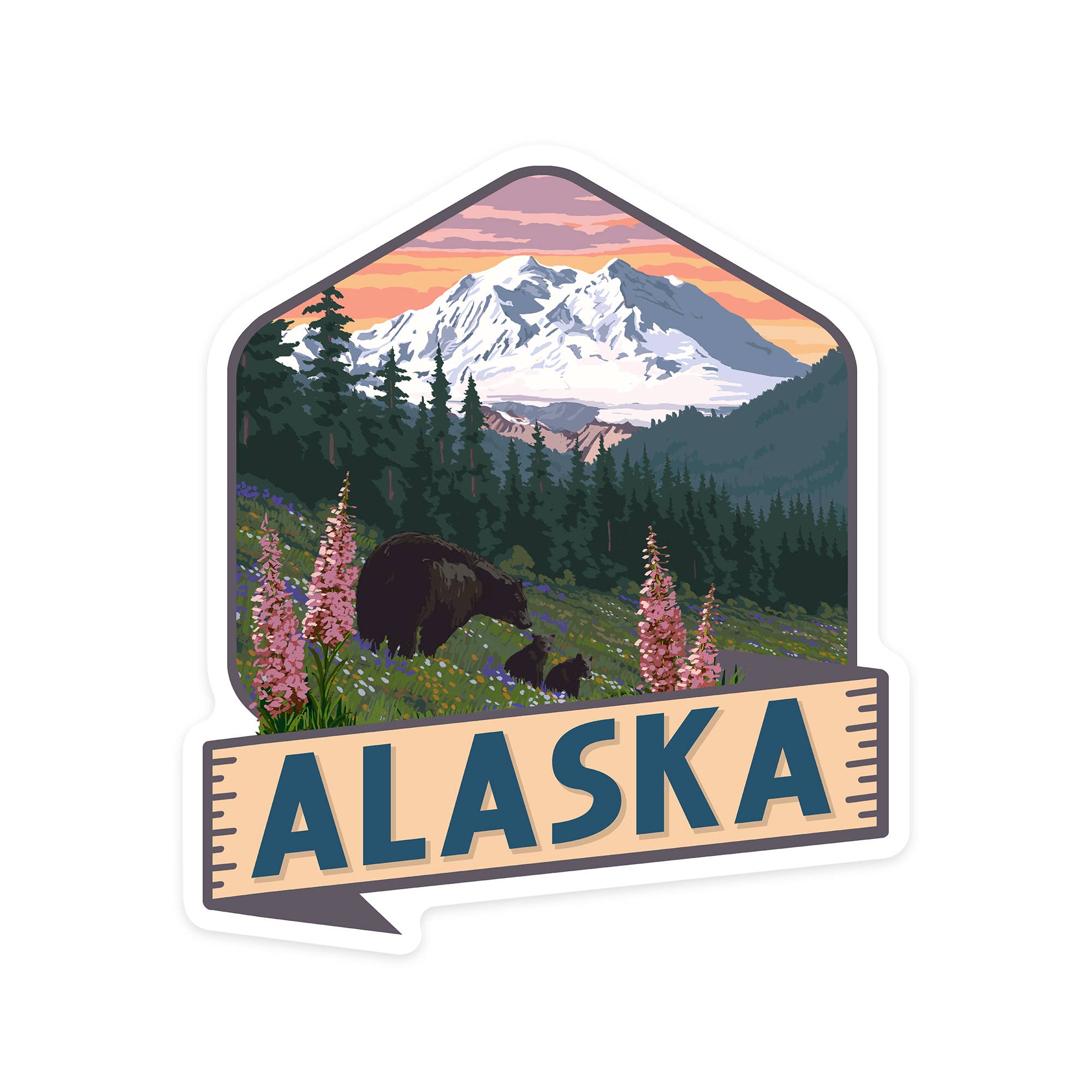 Vinyl Sticker Alaska, Bear and Spring Flowers