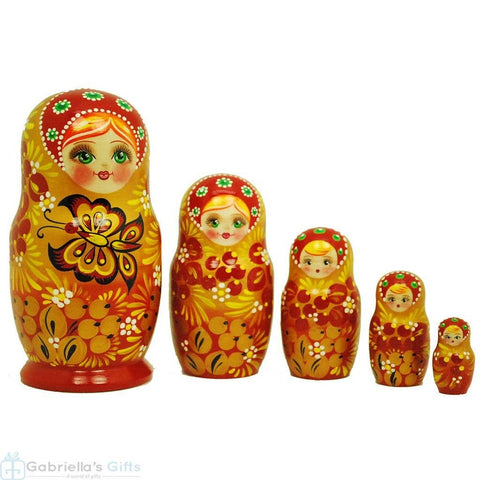 Artist Signed Chochloma Nesting Doll Set, 5 Pcs/5.5"