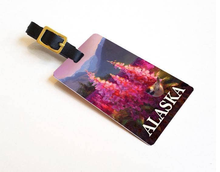Alaska Landscape Luggage Tag with Mountains and Wildflowers