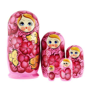 PINK Floral Nesting Dolls Set, 5 Pcs/6"