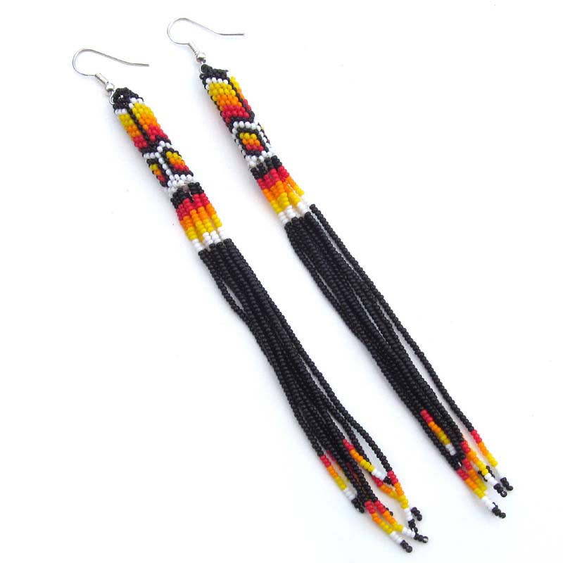 Black Fire Seed Beads Beaded Extra Long Earrings 5.5 Inch