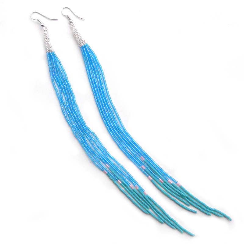 Iris Blue Glass Seed Beads Beaded Extra Long Earrings