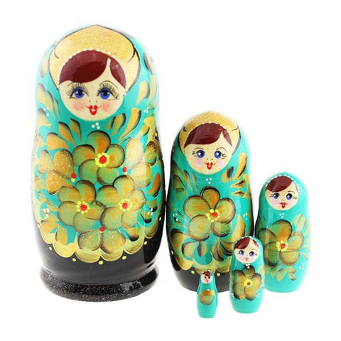 TURQUOISE Floral Nesting Dolls Set, 5 Pcs/6"