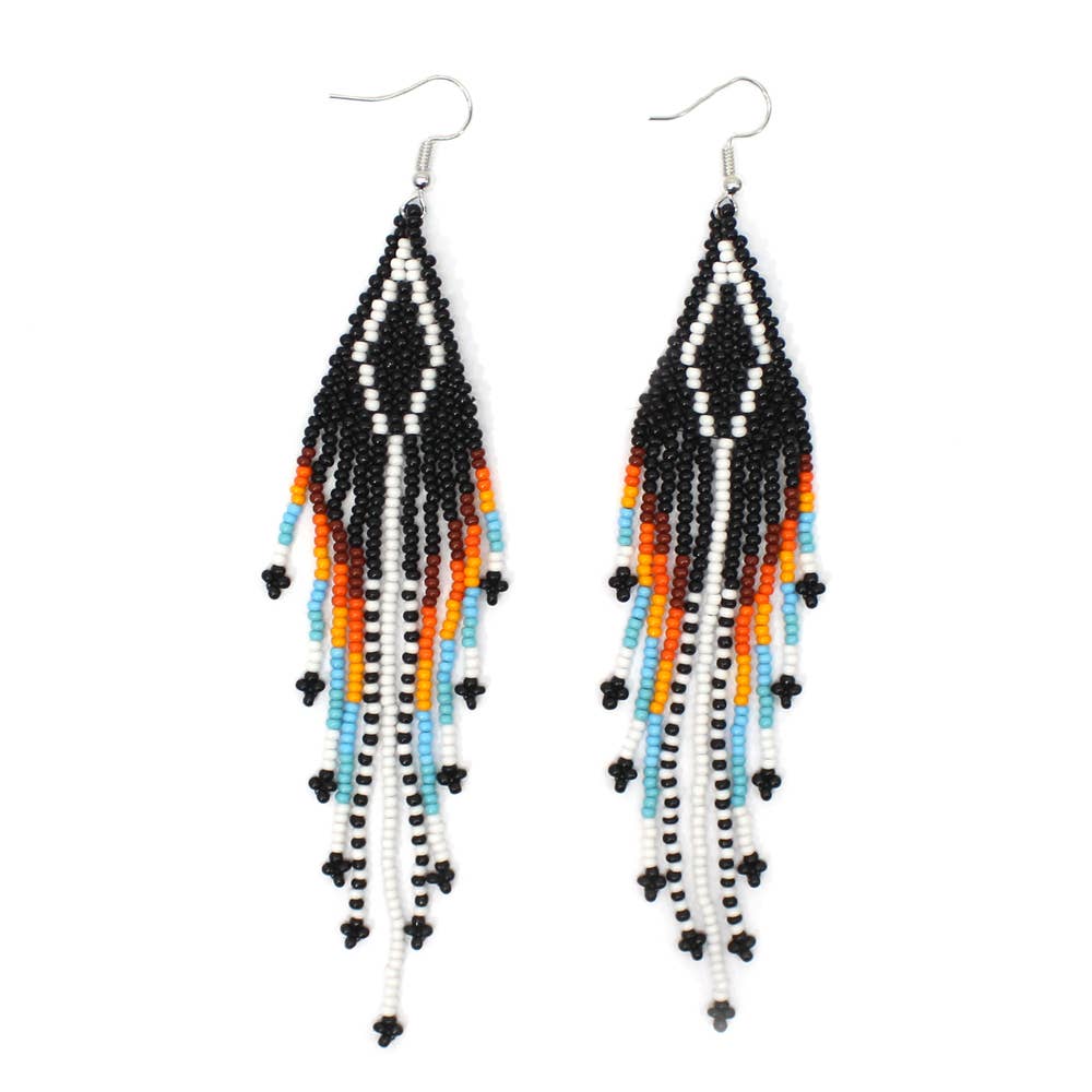 Handmade Beaded Native Style Black Multi-Color Hook Earrings