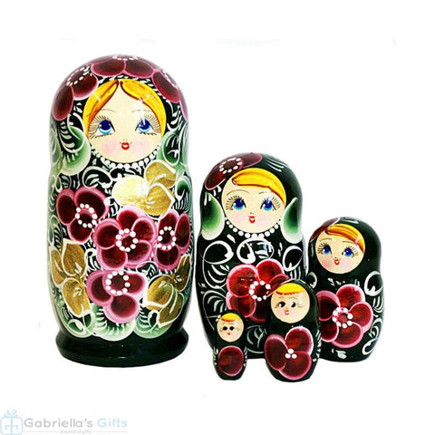 DARK GREEN Floral Nesting Dolls Set, 5 Pcs/6"