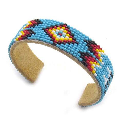 Turquoise Blue Seed Bead Bracelet Narrow Hard Cuff Leather