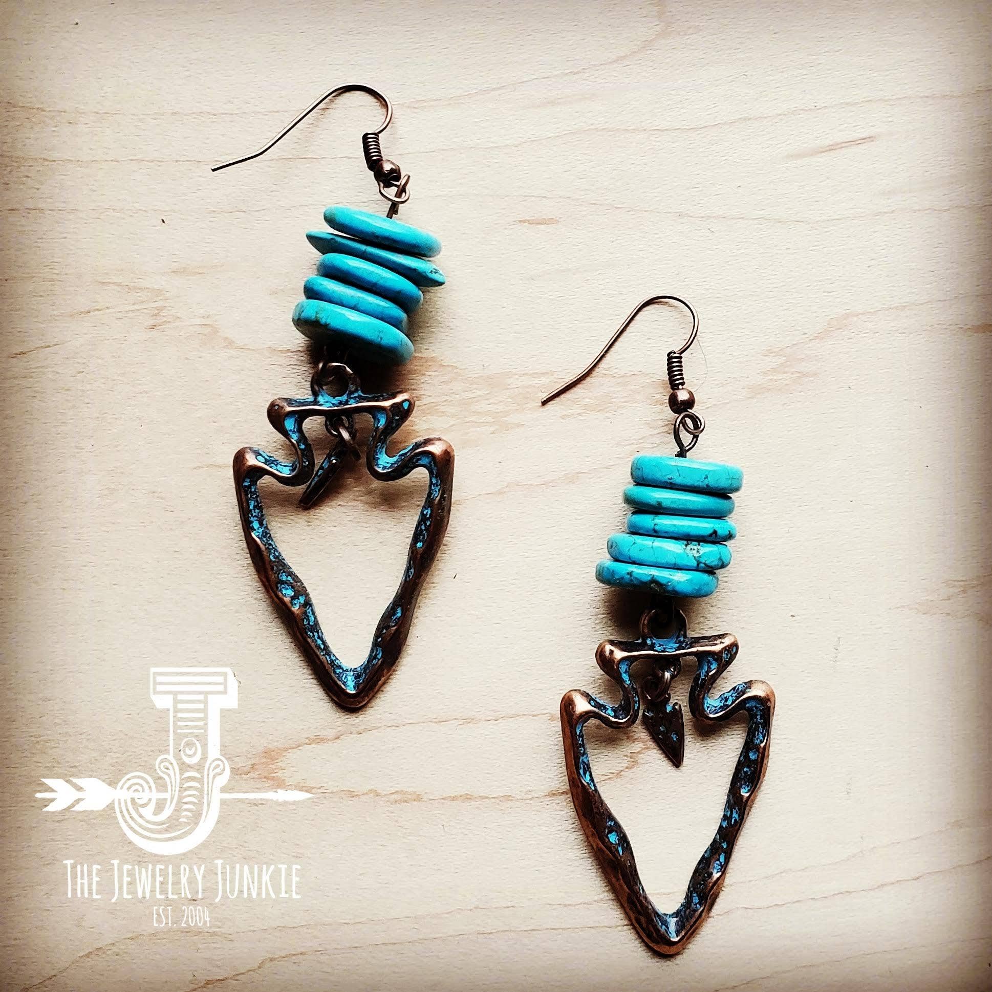 Turquoise Chip Dangle Earrings with Copper Arrowhead