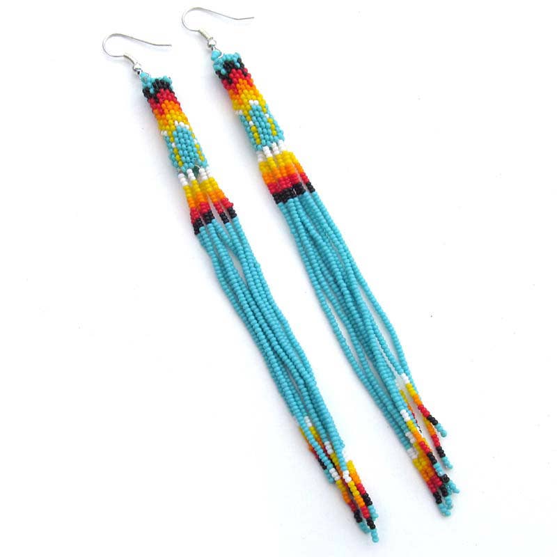Turquoise Green Glass Seed Beads Beaded Extra Long Earrings
