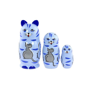 BLUE CAT with a MOUSE Nesting Dolls Set, 3 Pcs/4.4"