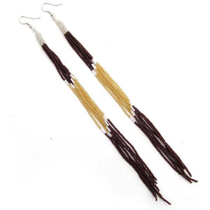 Brown Glass Seed Beads Beaded Extra Long Earrings