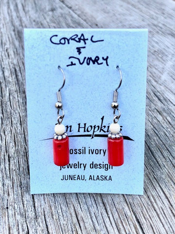 CORAL AND MAMMOTH IVORY BEAD EARRINGS