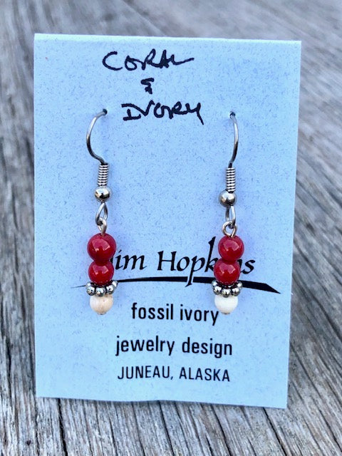 RED CORAL AND MAMMOTH IVORY BEAD EARRINGS