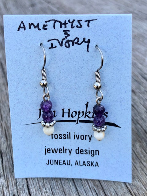 AMETHYST AND MAMMOTH IVORY BEAD EARRINGS