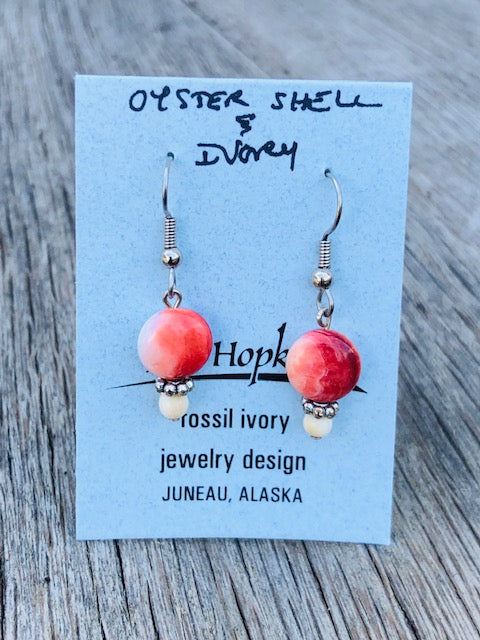 OYSTER SHELL AND MAMMOTH IVORY BEAD EARRINGS