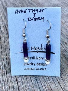 AMETHYST AND MAMMOTH IVORY BEAD EARRINGS